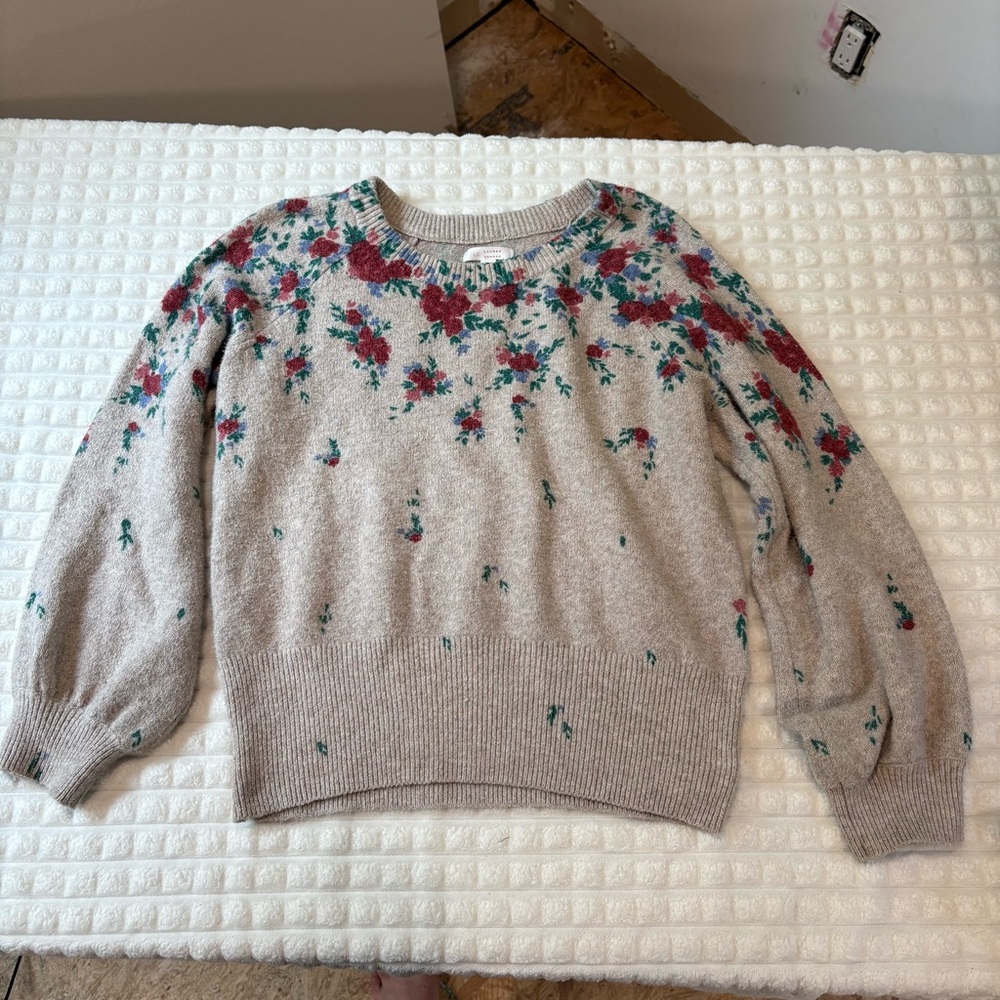 LC Lauren Conrad Cream and Red Crew Neck Sweater with Floral Design